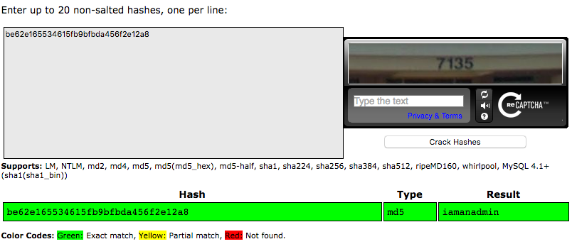 CrackStation website with the hash and the username found